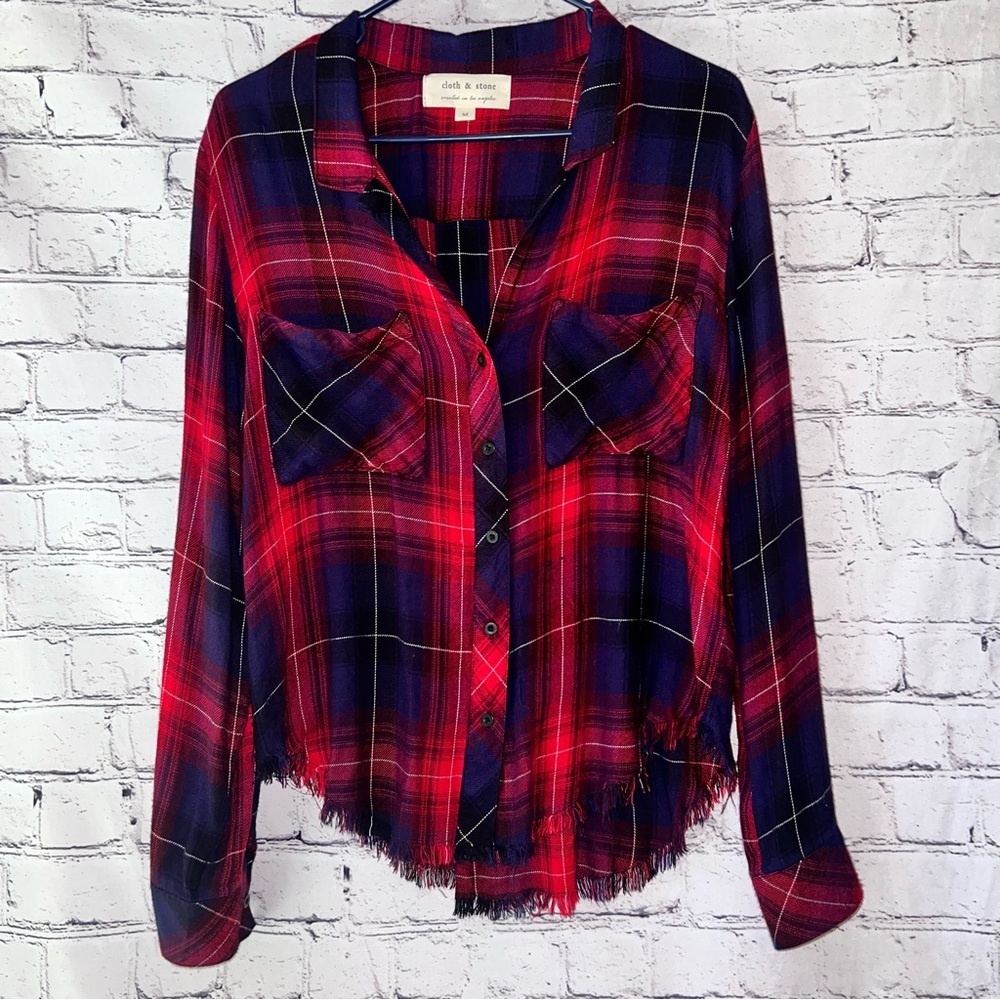 Cloth & Stone Anthropologie Long‎ Sleeve Plaid Button Down Top Fringe Bottom